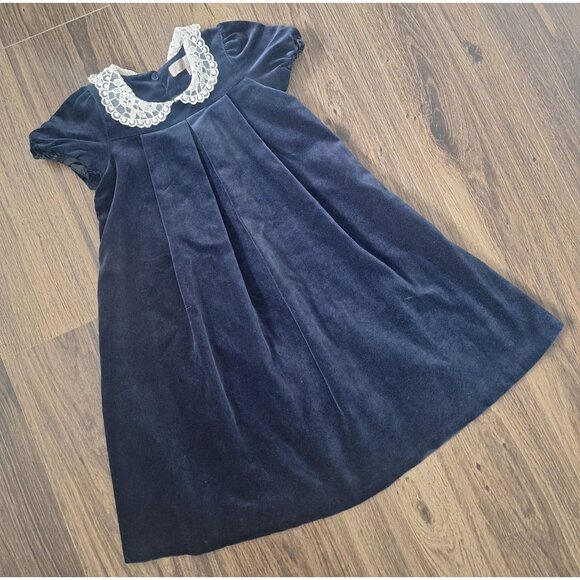 💙 Paul Costelloe Girls Lace Collar Velvet Cotton Dress Size 4 Festive Retro Pre - Picture 2 of 7
